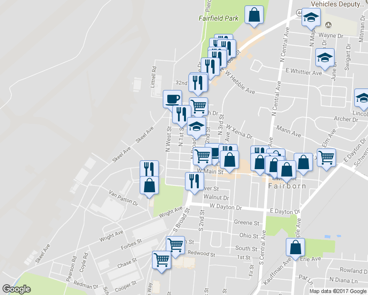 map of restaurants, bars, coffee shops, grocery stores, and more near 620 Middle Street in Fairborn