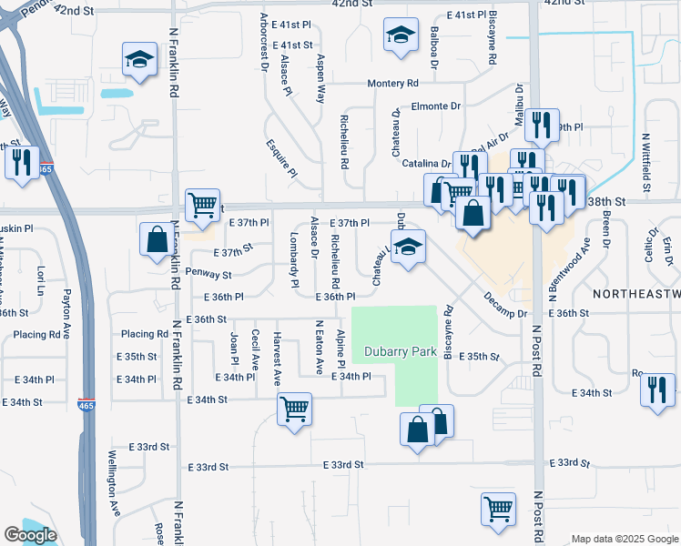 map of restaurants, bars, coffee shops, grocery stores, and more near 3647 Richelieu Road in Indianapolis