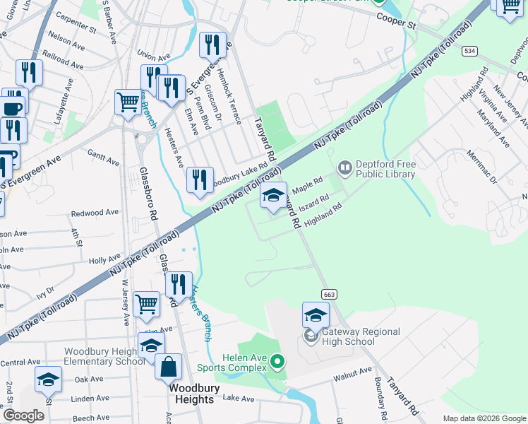 map of restaurants, bars, coffee shops, grocery stores, and more near 663 Iszard Road in Deptford