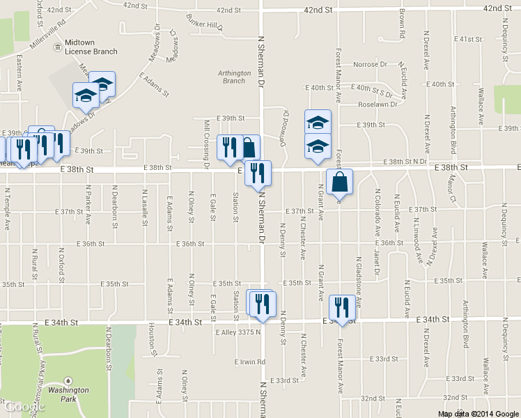 map of restaurants, bars, coffee shops, grocery stores, and more near 3704 N Sherman Dr in Indianapolis