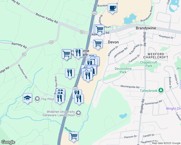 map of restaurants, bars, coffee shops, grocery stores, and more near 4737 U.S. 202 in Wilmington