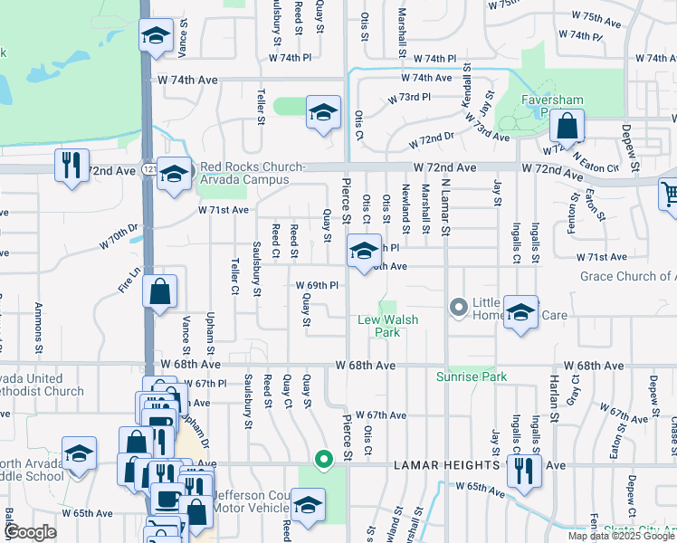 map of restaurants, bars, coffee shops, grocery stores, and more near 6990 Pierce Street in Arvada