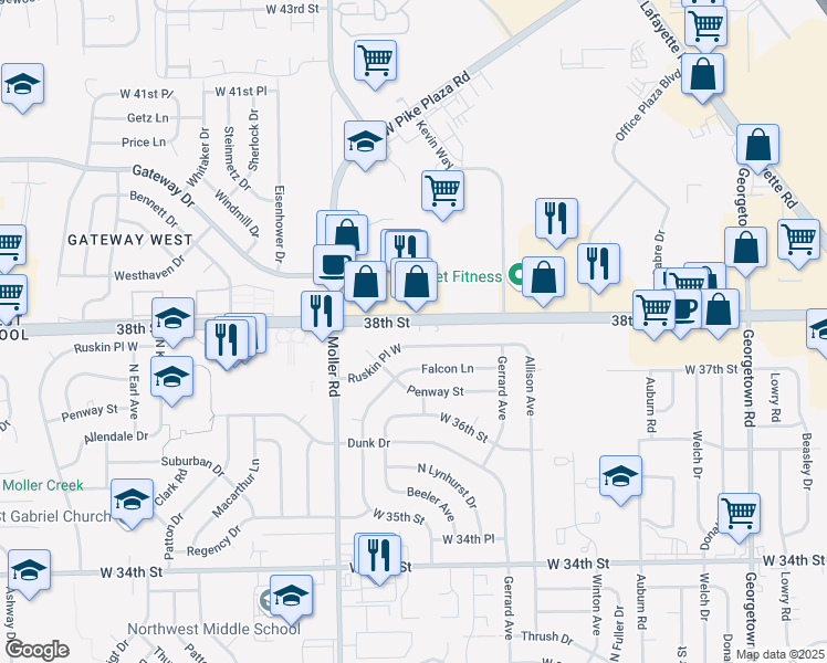 map of restaurants, bars, coffee shops, grocery stores, and more near 5335 West 38th Street in Indianapolis