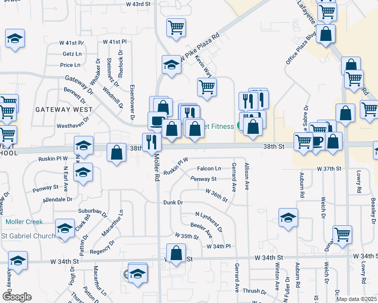 map of restaurants, bars, coffee shops, grocery stores, and more near 5335 West 38th Street in Indianapolis