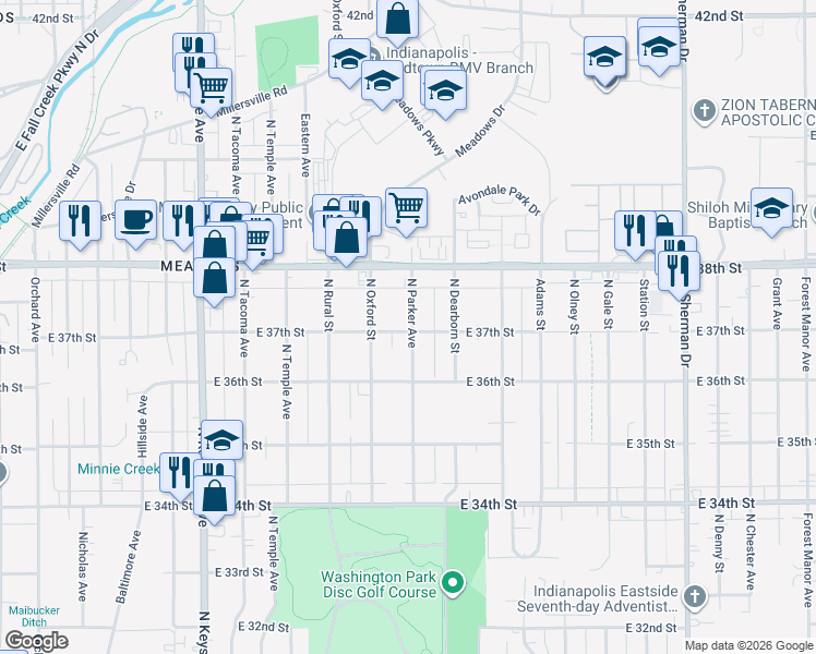 map of restaurants, bars, coffee shops, grocery stores, and more near 3702 North Parker Avenue in Indianapolis