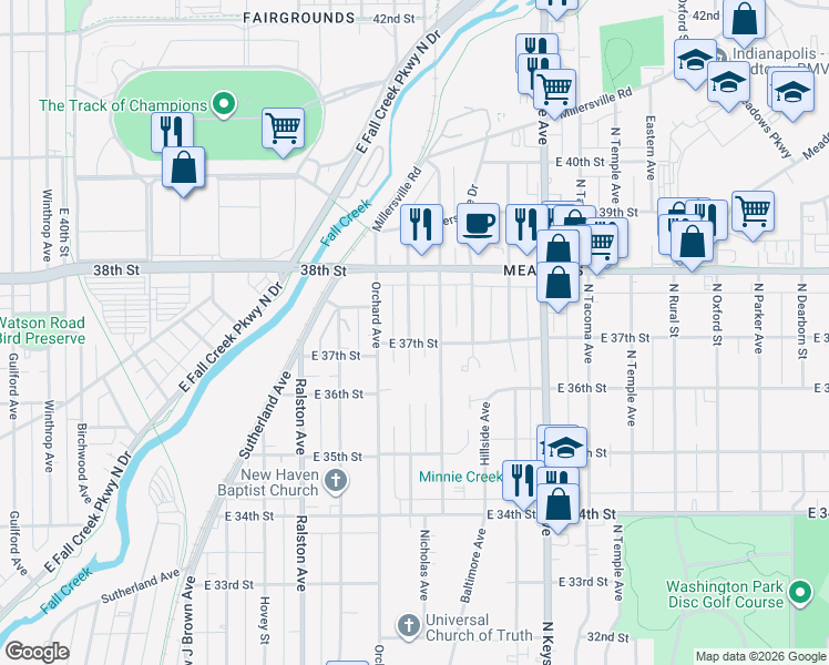 map of restaurants, bars, coffee shops, grocery stores, and more near 3709 Kinnear Avenue in Indianapolis