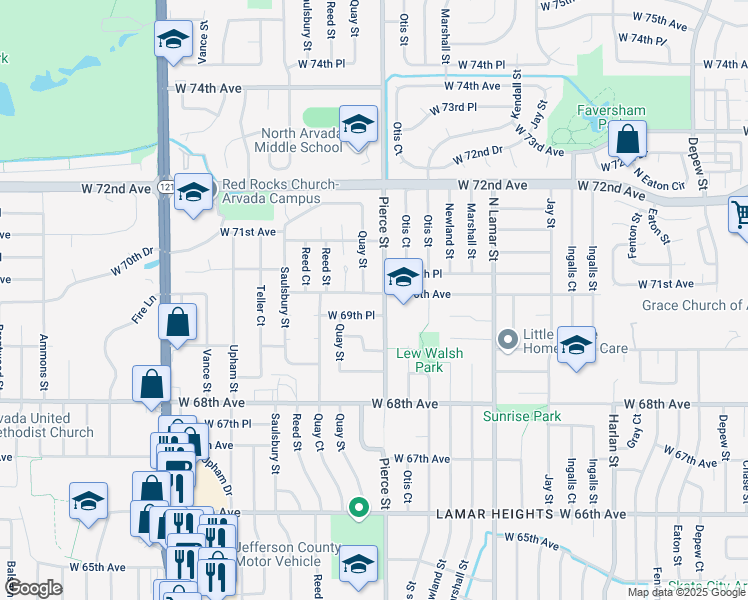 map of restaurants, bars, coffee shops, grocery stores, and more near 6990 Pierce Street in Arvada