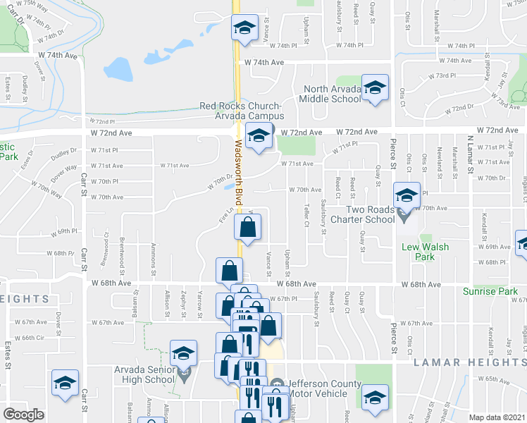 map of restaurants, bars, coffee shops, grocery stores, and more near 6962 Vance Street in Arvada