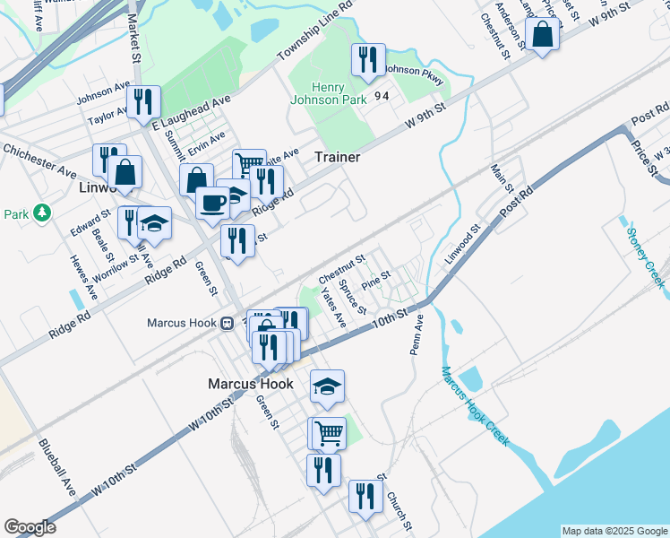 map of restaurants, bars, coffee shops, grocery stores, and more near 13 Chestnut Street in Marcus Hook