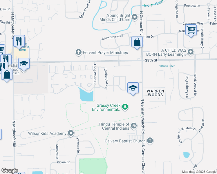 map of restaurants, bars, coffee shops, grocery stores, and more near 3639 Limberpine Drive in Indianapolis
