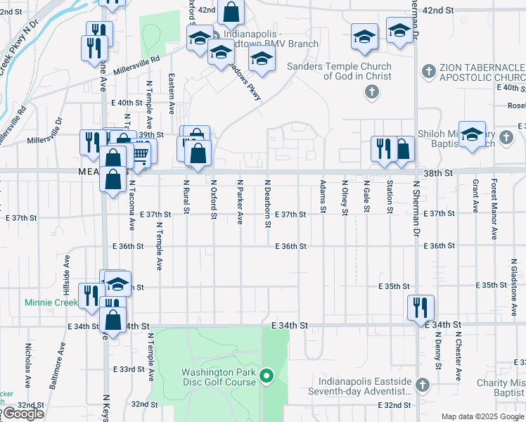 map of restaurants, bars, coffee shops, grocery stores, and more near 3030 East 37th Street in Indianapolis