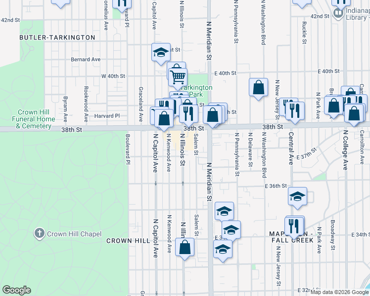 map of restaurants, bars, coffee shops, grocery stores, and more near 3734 Salem Street in Indianapolis