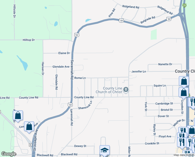 map of restaurants, bars, coffee shops, grocery stores, and more near 6222 North 25th Street Terrace in Country Club