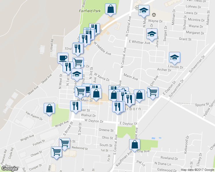 map of restaurants, bars, coffee shops, grocery stores, and more near 65 N Grand Ave in Fairborn