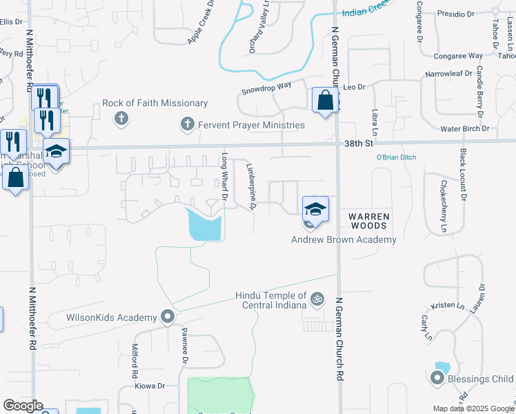 map of restaurants, bars, coffee shops, grocery stores, and more near 3639 Limberpine Drive in Indianapolis