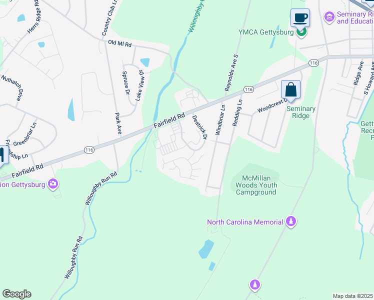 map of restaurants, bars, coffee shops, grocery stores, and more near 3 Ivy Lane in Gettysburg