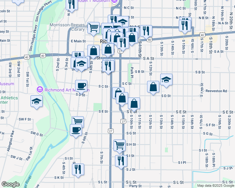 map of restaurants, bars, coffee shops, grocery stores, and more near 330 South 9th Street in Richmond