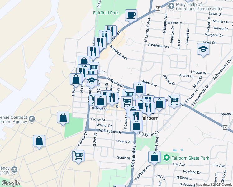 map of restaurants, bars, coffee shops, grocery stores, and more near 69 North Wright Avenue in Fairborn
