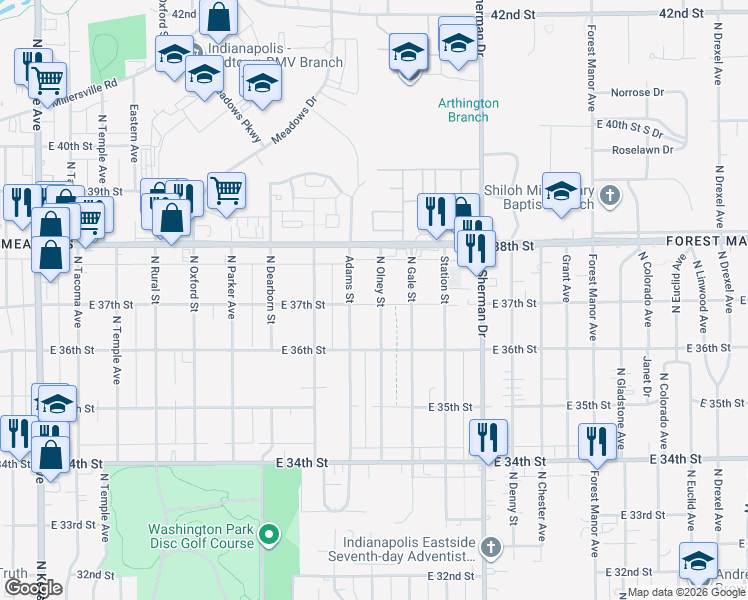 map of restaurants, bars, coffee shops, grocery stores, and more near 3702 North Olney Street in Indianapolis
