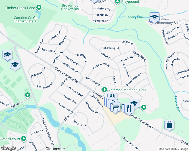 map of restaurants, bars, coffee shops, grocery stores, and more near 4 Bull Run Road in Clementon