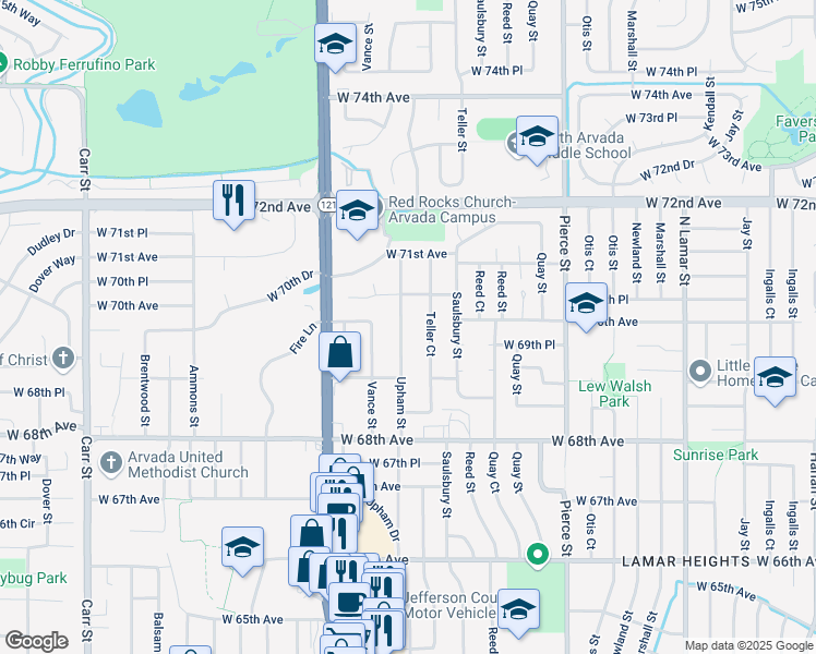 map of restaurants, bars, coffee shops, grocery stores, and more near 6950 Upham Street in Arvada