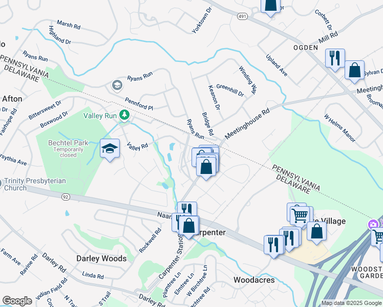 map of restaurants, bars, coffee shops, grocery stores, and more near 27000 Valley Run Drive in Wilmington