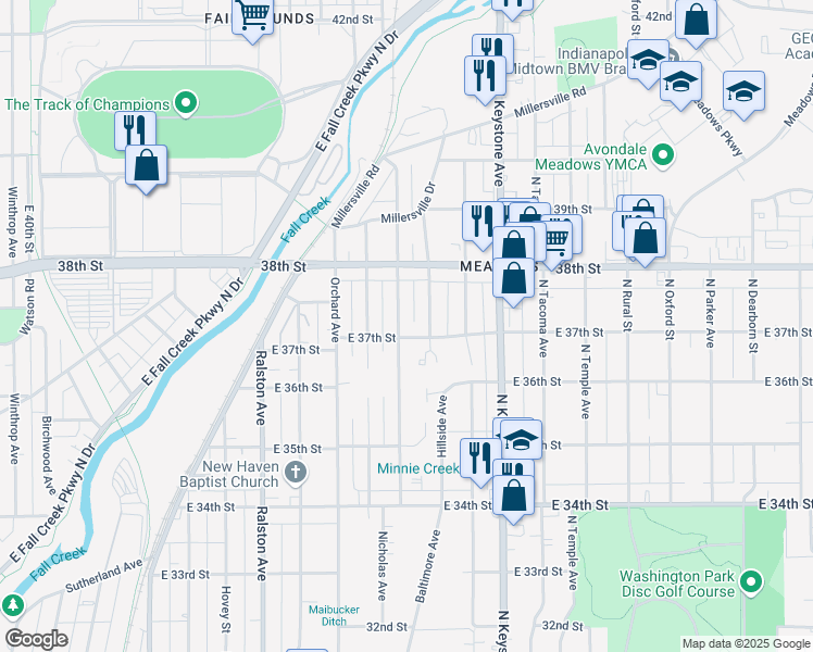map of restaurants, bars, coffee shops, grocery stores, and more near 3709 Caroline Avenue in Indianapolis