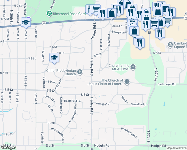 map of restaurants, bars, coffee shops, grocery stores, and more near 355 Henley Road South in Richmond