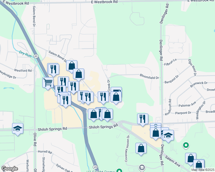 map of restaurants, bars, coffee shops, grocery stores, and more near 5287 Wood Creek Drive in Trotwood