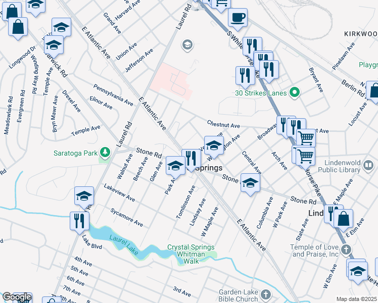 map of restaurants, bars, coffee shops, grocery stores, and more near 806 East Atlantic Avenue in Laurel Springs