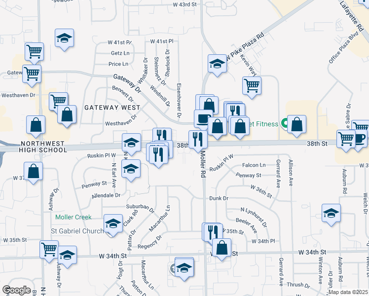 map of restaurants, bars, coffee shops, grocery stores, and more near 5519 38th Street in Indianapolis