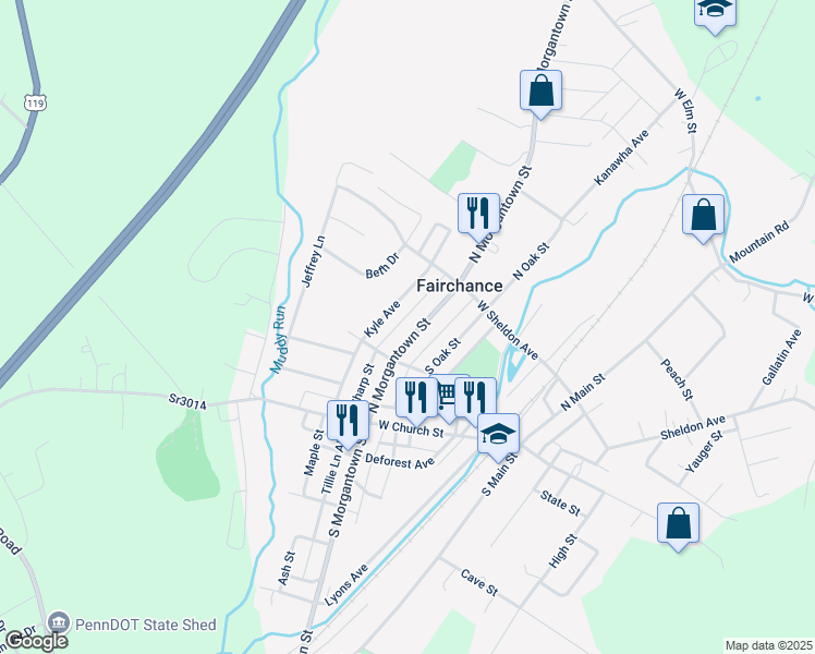 map of restaurants, bars, coffee shops, grocery stores, and more near 45 North Morgantown Street in Fairchance