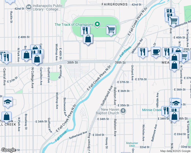 map of restaurants, bars, coffee shops, grocery stores, and more near 3680 East Fall Creek Parkway North Drive in Indianapolis