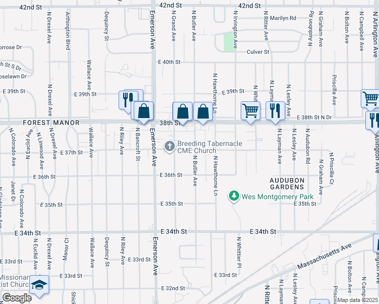 map of restaurants, bars, coffee shops, grocery stores, and more near 3646 North Butler Avenue in Indianapolis