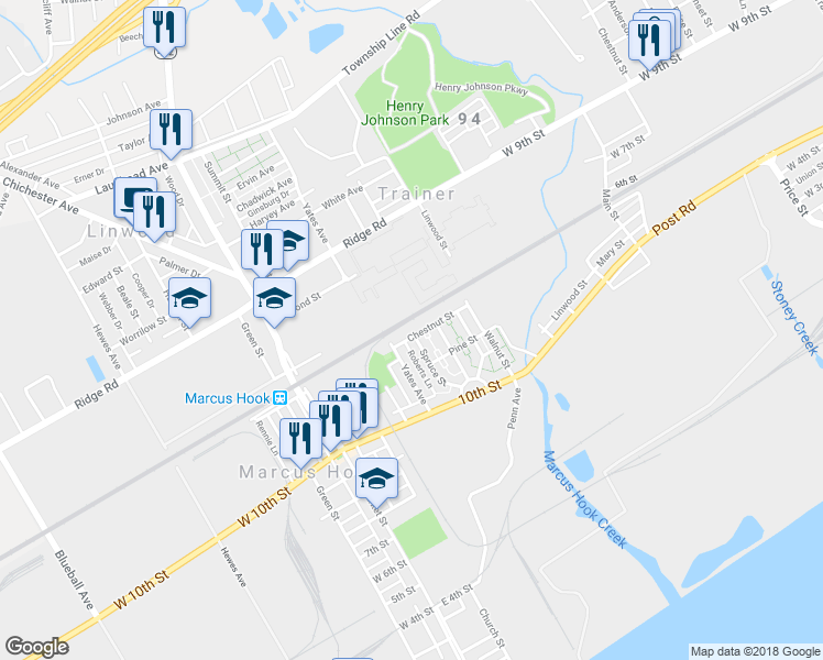 map of restaurants, bars, coffee shops, grocery stores, and more near 5 Chestnut Street in Marcus Hook