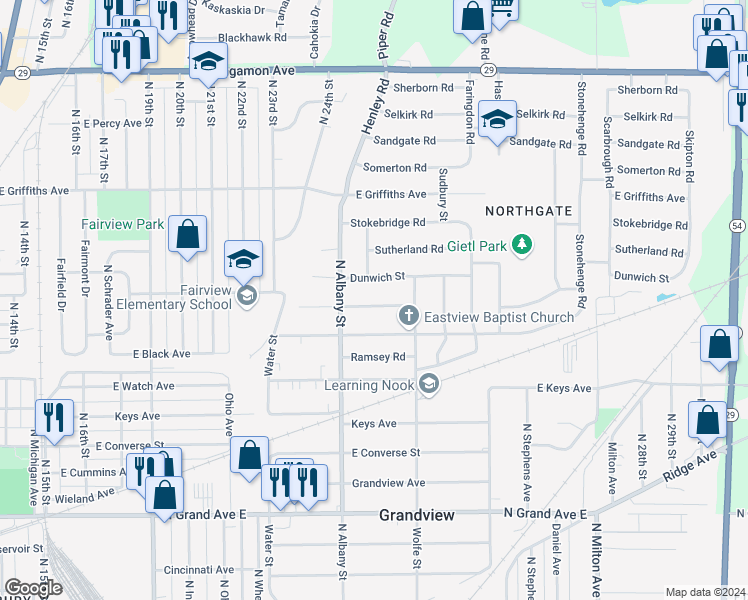 map of restaurants, bars, coffee shops, grocery stores, and more near 2233 East Eleanor Avenue in Springfield