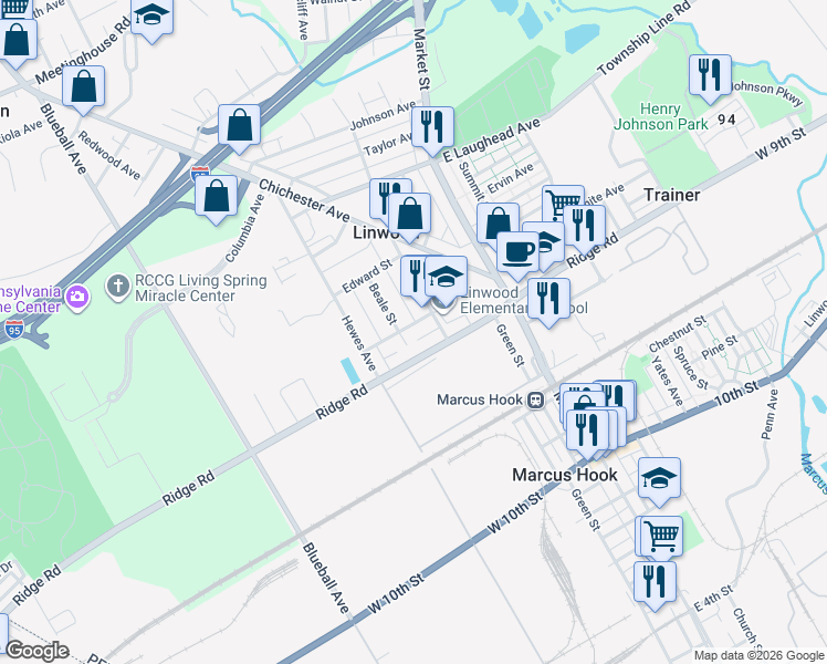 map of restaurants, bars, coffee shops, grocery stores, and more near 125 Worrilow Street in Linwood