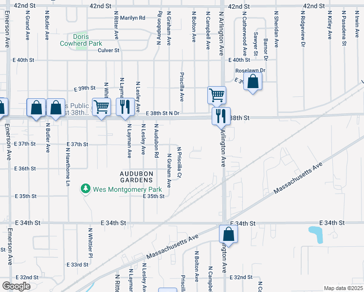 map of restaurants, bars, coffee shops, grocery stores, and more near 3649 North Priscilla Court in Indianapolis