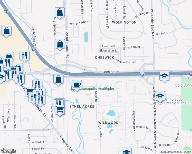 map of restaurants, bars, coffee shops, grocery stores, and more near W 38th St & Guion Rd in Indianapolis