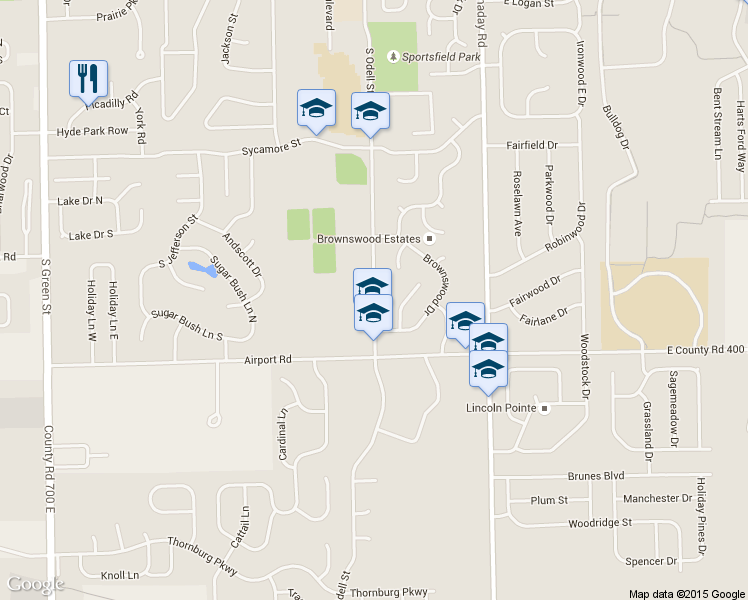 map of restaurants, bars, coffee shops, grocery stores, and more near 1400 S Odell St in Brownsburg