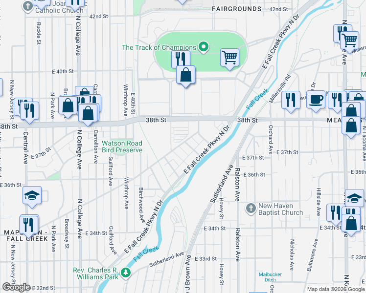 map of restaurants, bars, coffee shops, grocery stores, and more near 1421 Fairfield Avenue in Indianapolis