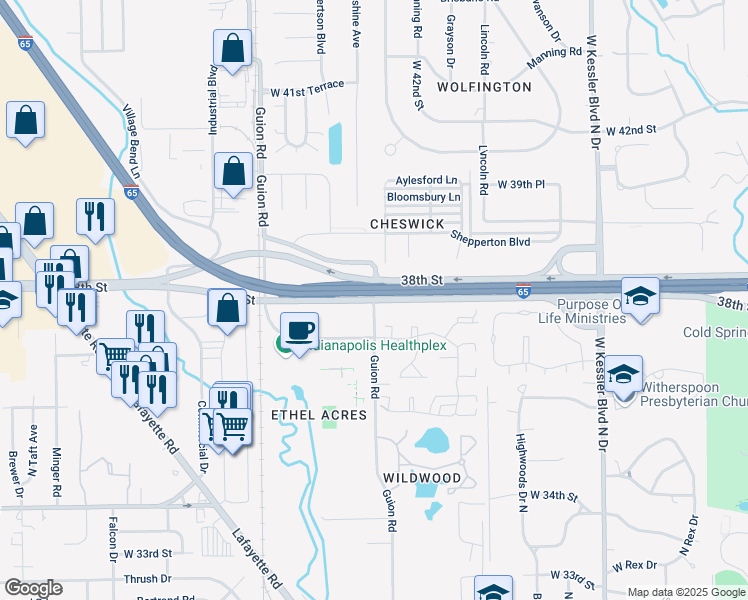 map of restaurants, bars, coffee shops, grocery stores, and more near 38th St & Guion Rd in Indianapolis