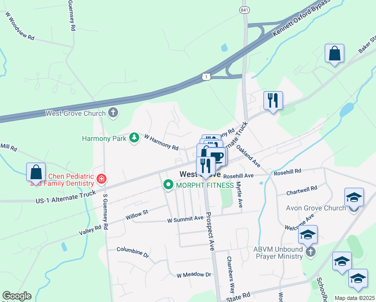map of restaurants, bars, coffee shops, grocery stores, and more near 51 Maple Avenue in West Grove
