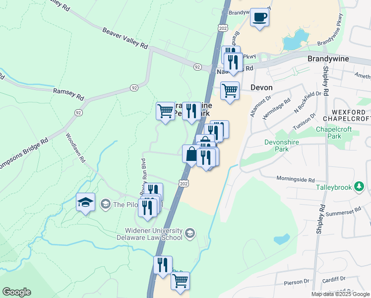 map of restaurants, bars, coffee shops, grocery stores, and more near 1000 Rocky Run Parkway in Wilmington