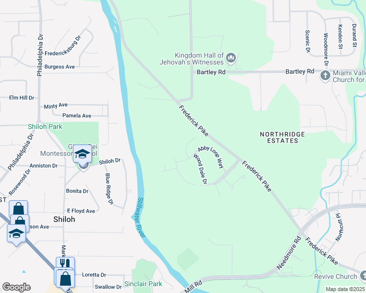 map of restaurants, bars, coffee shops, grocery stores, and more near 5433 Fairford Court in Dayton