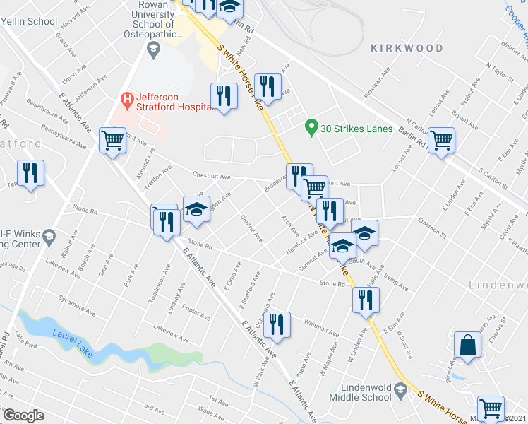 map of restaurants, bars, coffee shops, grocery stores, and more near 116 Fairmount Avenue in Laurel Springs