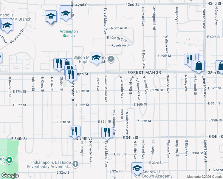 map of restaurants, bars, coffee shops, grocery stores, and more near 3702 North Gladstone Avenue in Indianapolis
