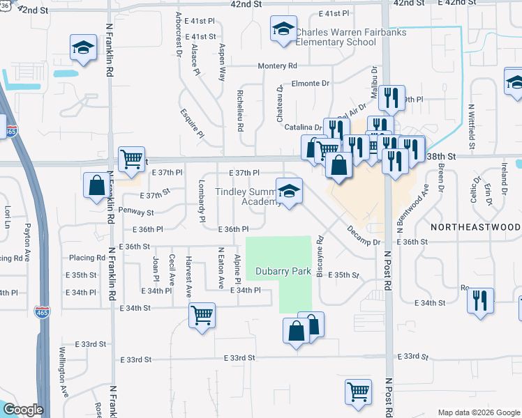map of restaurants, bars, coffee shops, grocery stores, and more near 3633 Marseille Road in Indianapolis