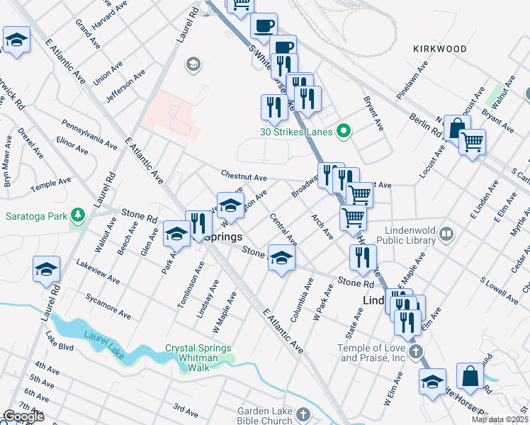 map of restaurants, bars, coffee shops, grocery stores, and more near 202 Broadway in Laurel Springs