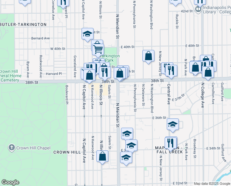 map of restaurants, bars, coffee shops, grocery stores, and more near 3736 North Meridian Street in Indianapolis